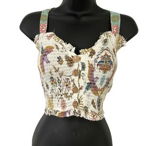 Z & L Womens Boho Crop Smocked Top Size S Cream Floral V Neck Button Up Festival